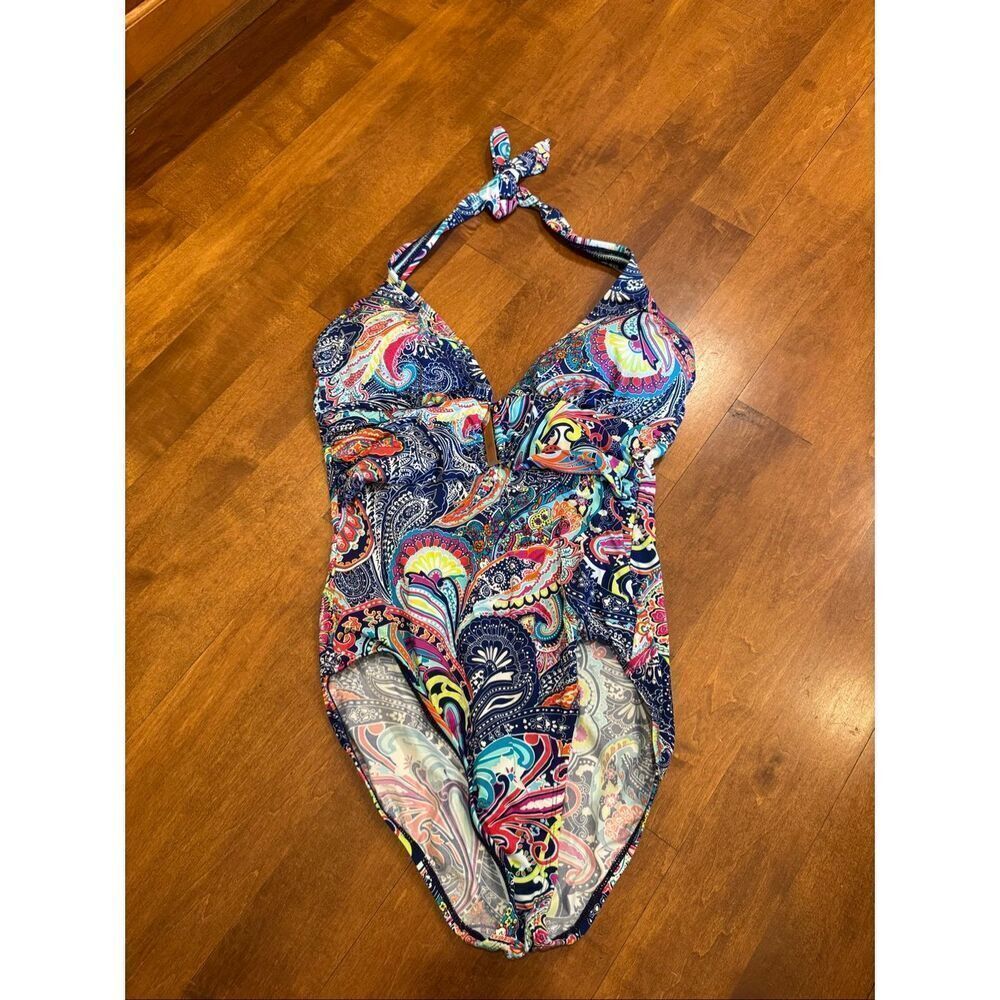 Liz Claiborne Paisley Halter One-Piece Swimsuit Multicolor Size 12 NWOT